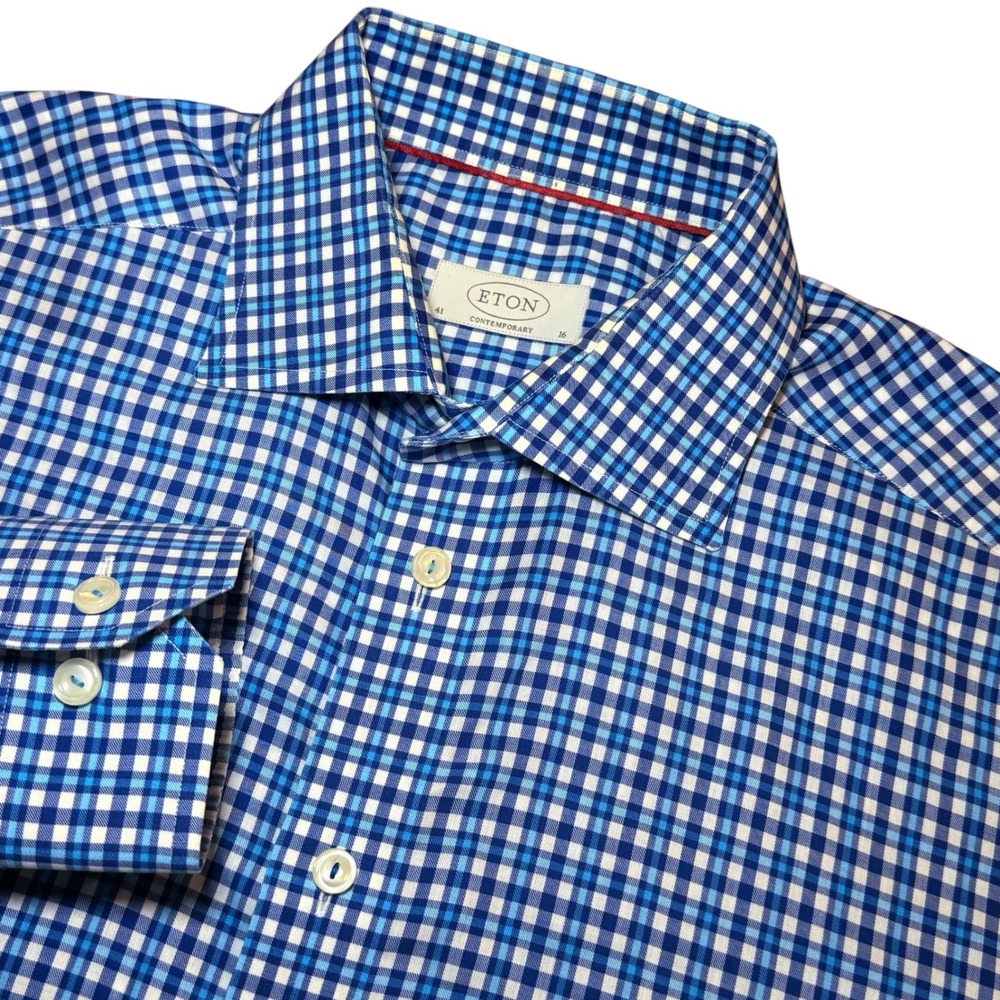 Eton Contemporary Fit Blue White Check Dress Shirt Mens 41/16 Cotton Long Sleeve